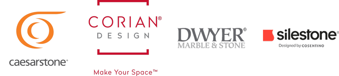 Logos for Caesarstone, Corian Design, Dwyer Marble & Stone, and Silestone.
