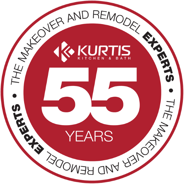 A graphic with the Kurtis Kitchen & Bath logo that reads "The Makeover and Remodel Experts", "55 Years".